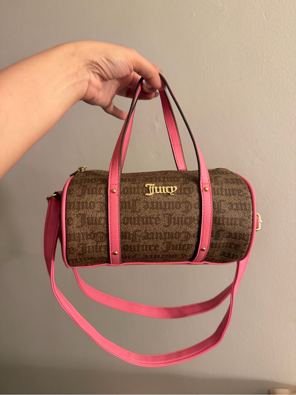 Juicy Couture Mini Barrel Chestnut Chino Pink w/ Gold Studs Shoulder Purse Used